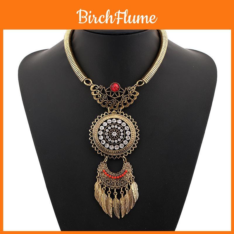 Vintage Geometric Alloy Necklace With Gemstone Leaf Tassel For Women