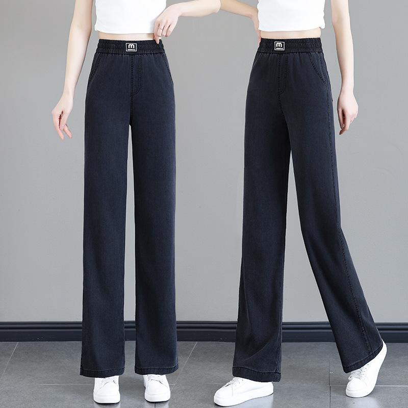 Women's High Waist Elastic Waist Wide Leg Jeans Straight Leg Pants Summer Thin Tencel Stretch Casual Denim Trousers