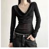 Chic Sequin V Swing Neck Long Sleeve T-shirt Women's Design Sense of Fashion Micro Transparent Slimming Spice Girl Top Trend
