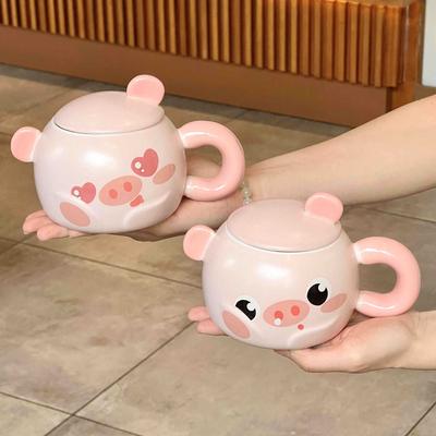 Cute Cartoon Piggy Ceramic Cup Girl Heart Mug with Lid Spoon Office Coffee Mug Birthday Gift