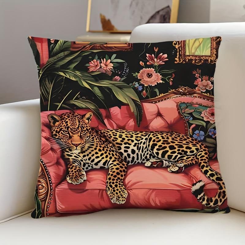 1 Stück Tropischer Dschungel Maximalistischer Leopard Kissenbezug Polyester 2D Zweiseitiger Druck Verzierter Blumiger Überwurf-Kissenbezug Für Sofa Bettr