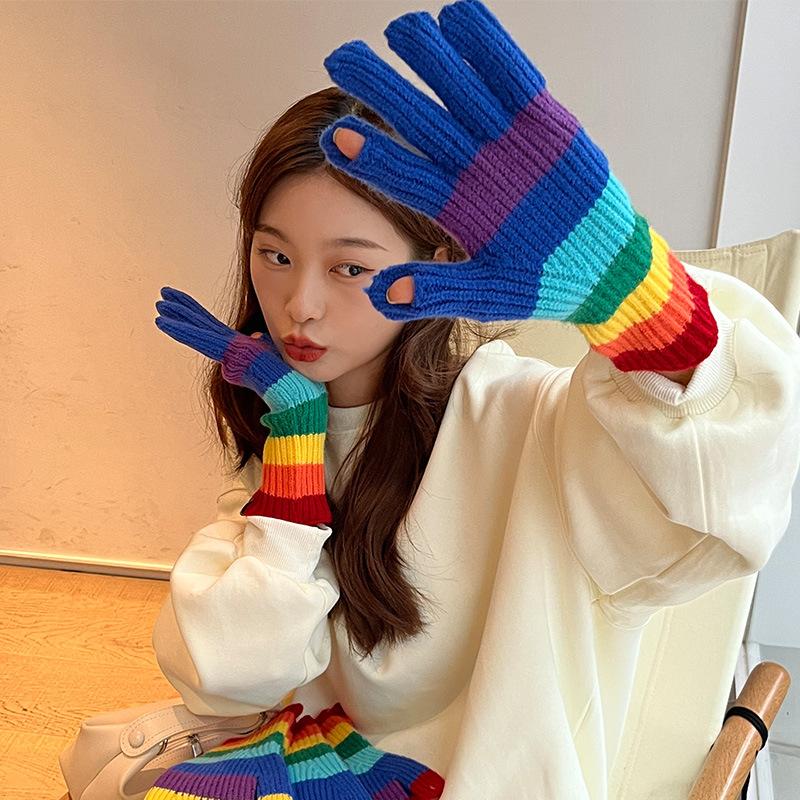 Korean New Rainbow Gloves for Women In Winter Warm Wool Half Finger Gloves American Street Fashion Versatile Cycling Trend