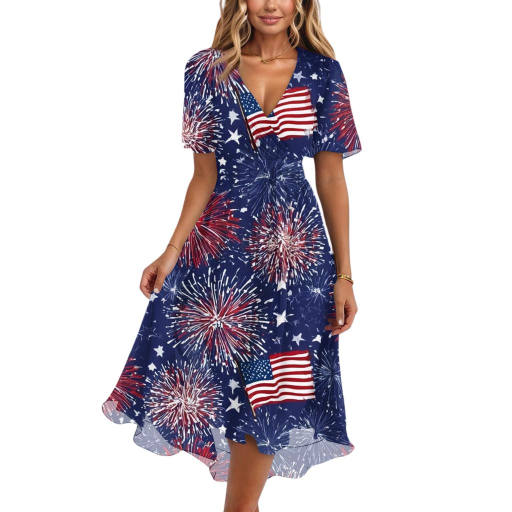 Women's Fashionable Casual V-neck Short-sleeved Independence Day Printed Dress