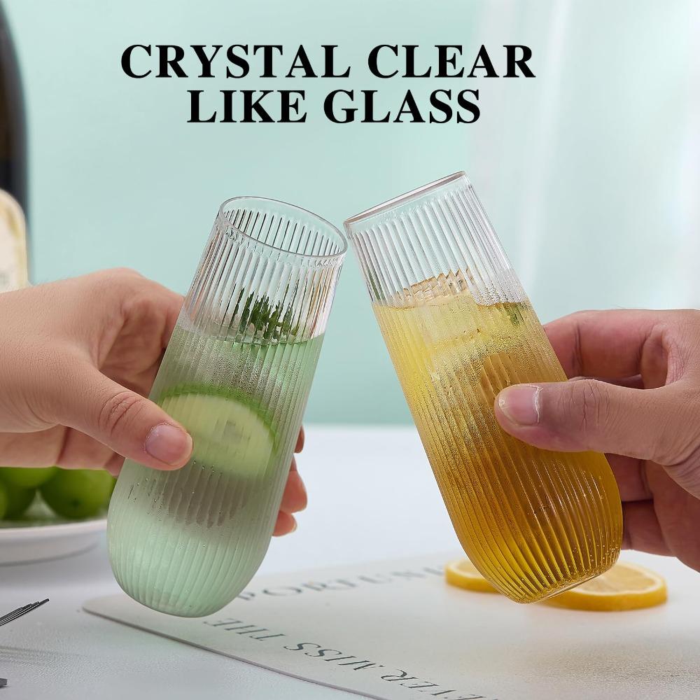 12pcs Plastic Ribbed Champagne Flutes 9 Oz Stemless Disposable Clear Plastic Toasting Glasses Shatterproof Cups Unbreakable Wine Glasses