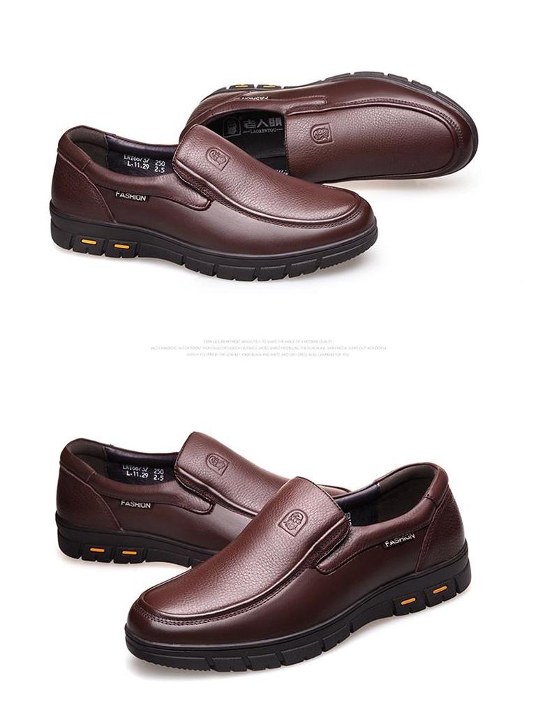 Men's Genuine Leather Slip-On Shoes: British Style, Soft Sole, Casual Business Wear for Middle-Aged Men.