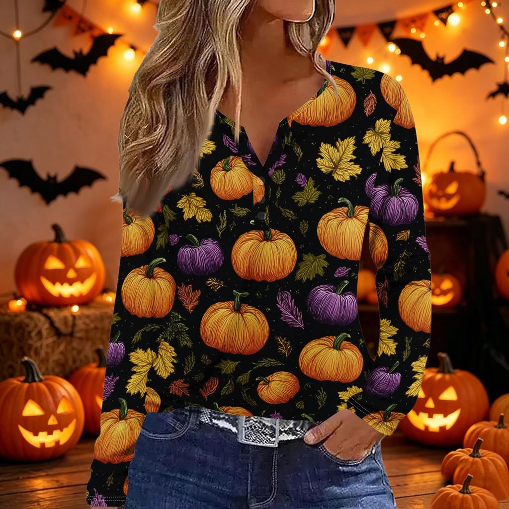 Womens Casual Halloween Print V Neck Long Sleeve Button Detail Top Lightweight Stretchy Fabric Comfortable Fit