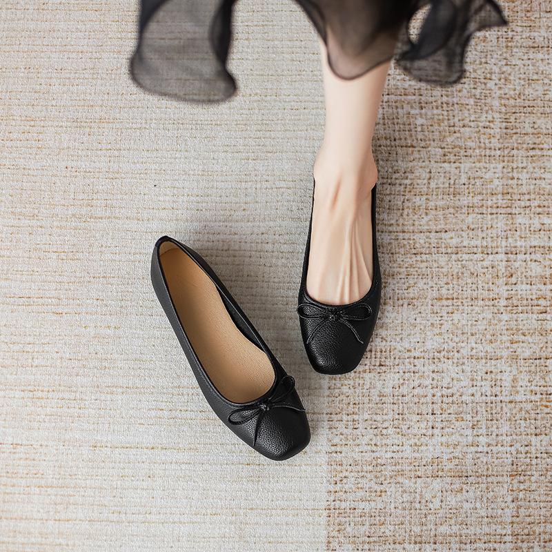 Flat single shoes women's shallow mouth square head bow simple and versatile casual and comfortable Doudou shoes women