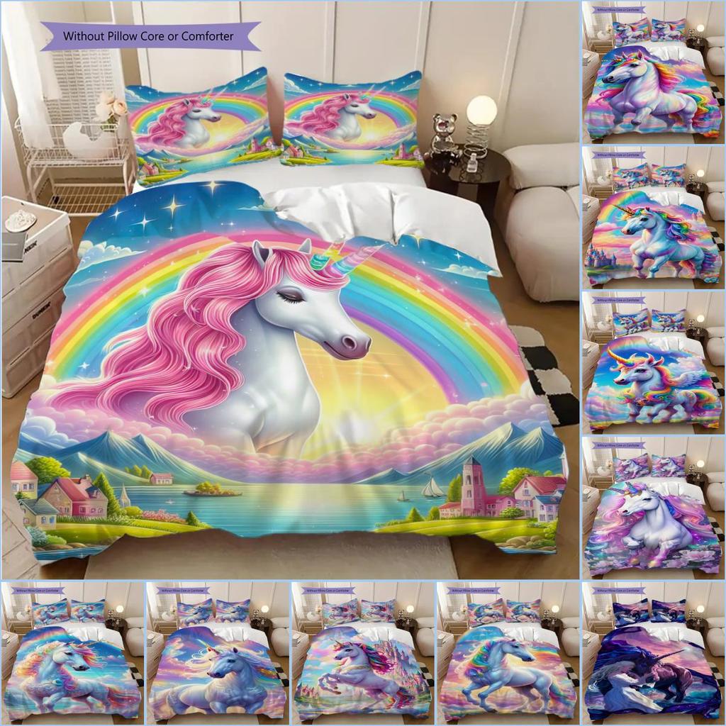Dreamy Rainbow Unicorn bedding, duvet cover, pillowcase, home decoration, birthday gift (1 * duvet cover+2 * pillowcase, coreless)