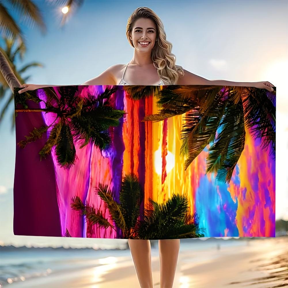 Übergroßes Handtuch im Sportstil mit Sonnenuntergangs-Strandmuster, Weich, Saugfähig, Schnelltrocknend für Schwimmbäder, Camping