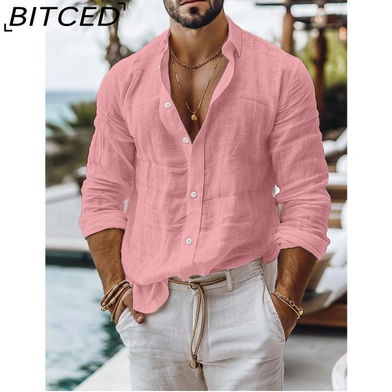 BITCED Herren Uni-Farbe Baumwoll-Leinen-Mischung Hemd Lässiger Stil Langarm Business Casual Hemd