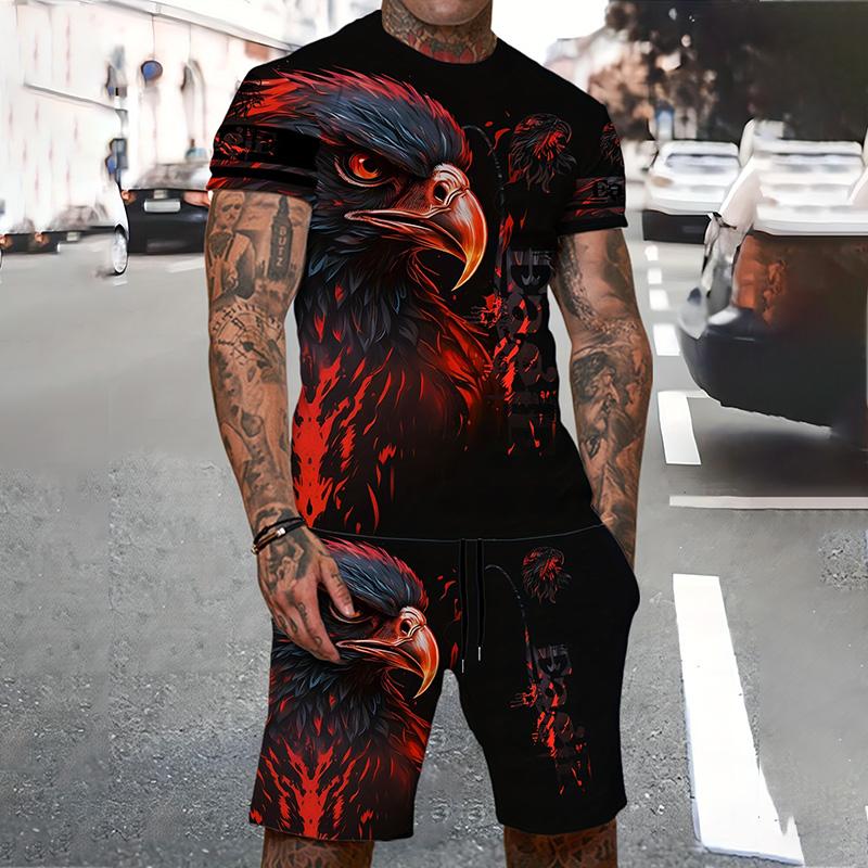 Men's Suit Summer Casual Breathable Refreshing Suit Printed 3D Wolf Oversized Men's Loose Top Fashion Short Sleeves