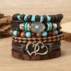 Leather Bracelets for Men Women Handmade Wrap Woven Cuff Bracelets Wooden Beaded Bracelets Vintage Ethnic Tribal Wristbands Bracelet Set Adjustable