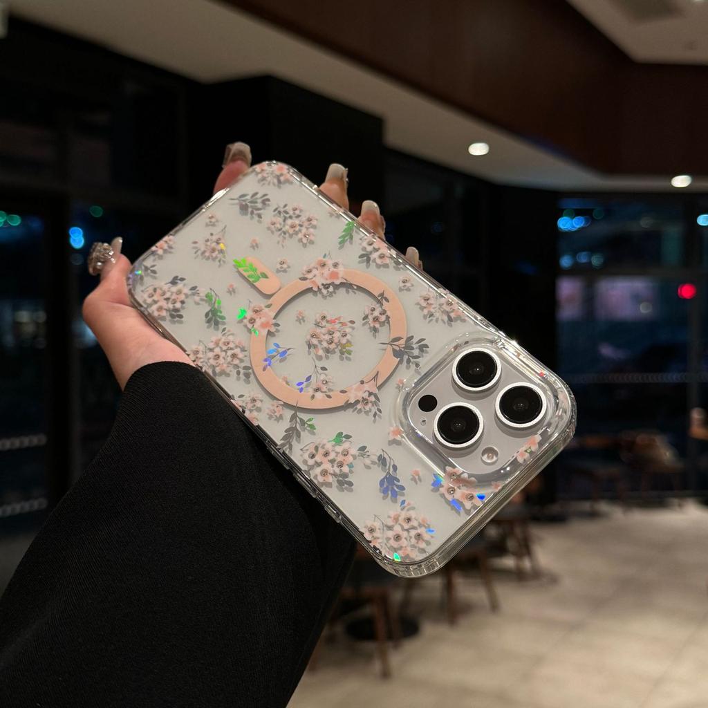 Magnetic Phone Case for IPhone17 with Colorful Laser Flowers and Transparent Anti Drop Protective Case for Apple 16ProMax