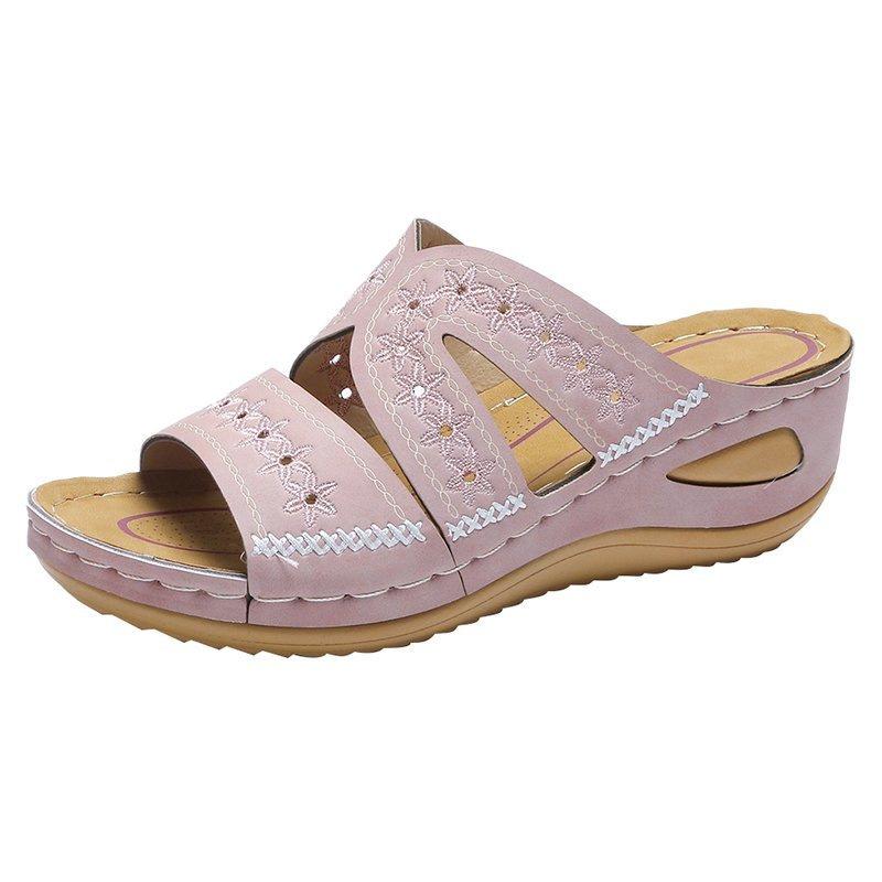 Flip-flops with Wedge Heels Fish-mouth Thick-soled Large-sized Shoes and Embroidered Flip-flops