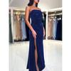 Western Style Sexy Tube Top Blue Shiny Dress Women Autumn New Elegant Slim Fit Split Formal Dress Long Dress