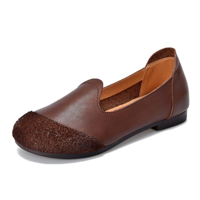 Johnature Vielseitige Retro Damen Slipper Echtes Leder Runde Zehenpartie Flache Schuhe mit flacher, weicher Sohle