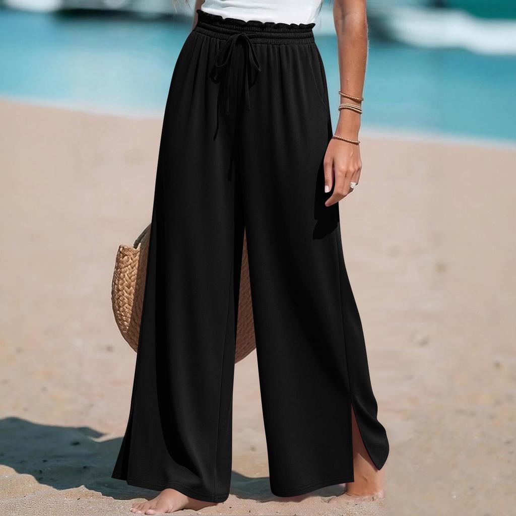 Women Wide Leg Split Pants Drawstring Waist Pockets Casual High Waist Pleated Beach Trousers Lightweight Loose Fit