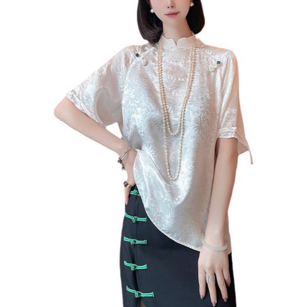 2024 Chinese Style Summer Short Sleeve Top with Slit, Frog Button, and Elegant Print