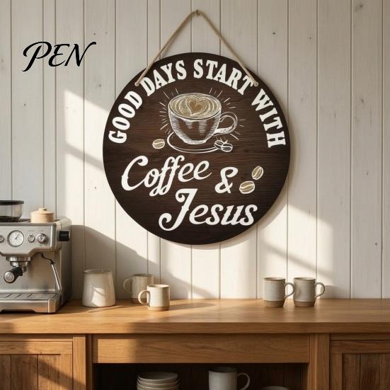 Rustic Coffee Bar Decor Wooden Signs, Themed Hanging Sign, Cup Farmhouse Corner Decorations Shape & Round Wood Plaque for Kitchen Wall Solid Signage