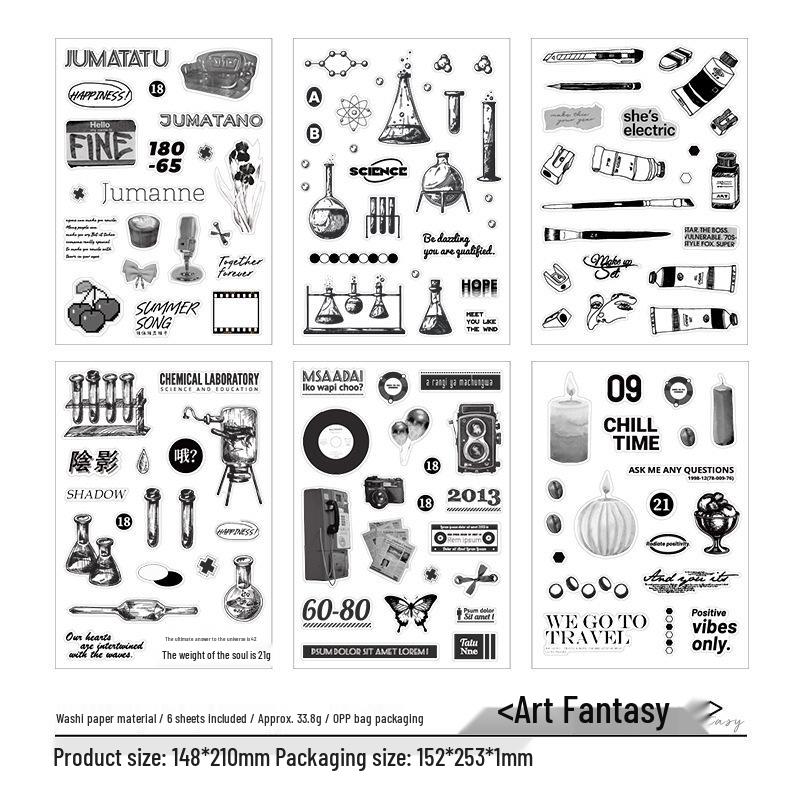 ZABC Elegant Black & White Die-cut Washi Stickers - Life Theme, 6 Sheets/Pack, 4 Styles Available.