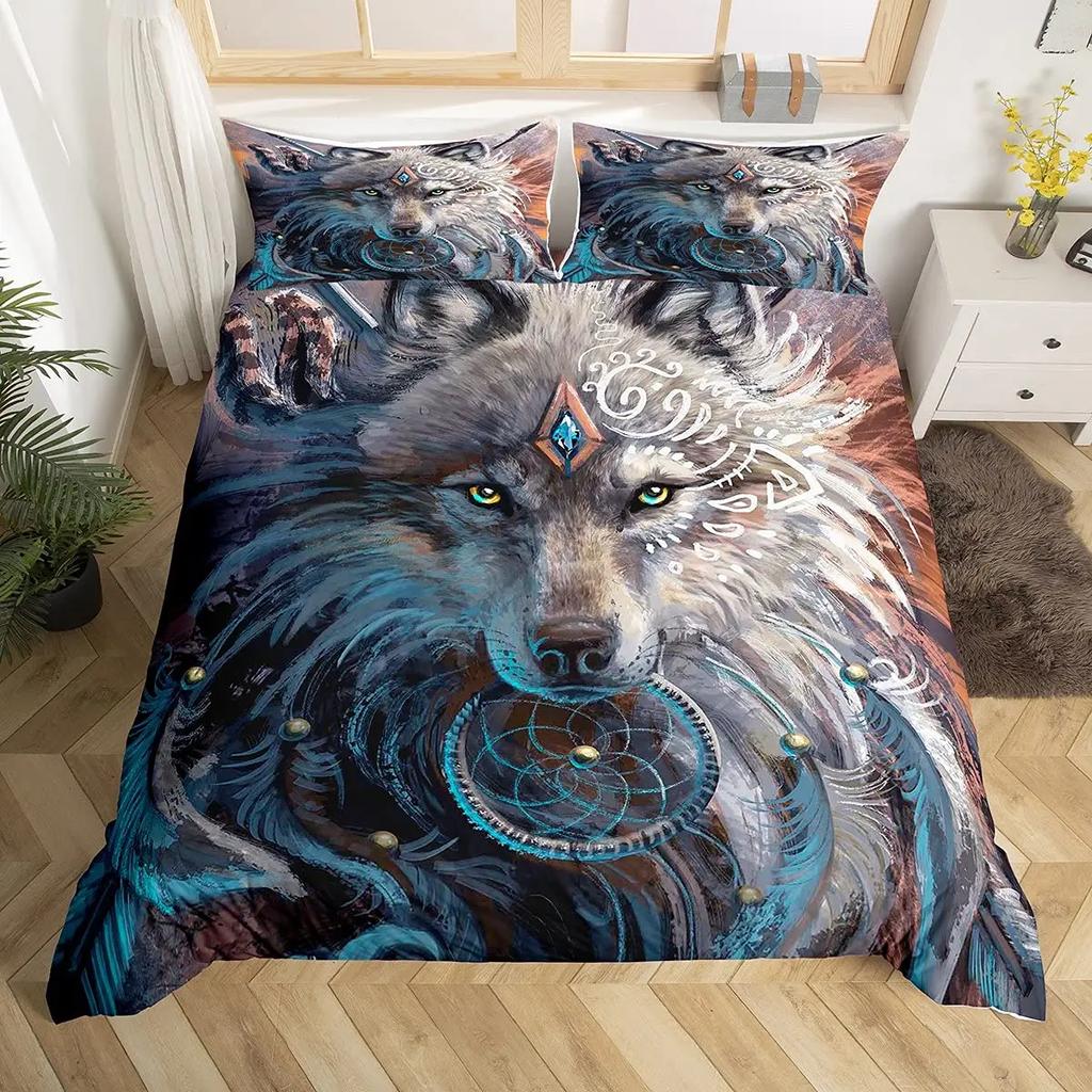 Wolf Dreamcatcher Duvet Cover Set Full Size Indian Dreamcatcher Animal 3D Bedding Set Exotic Style Bohemia Comforter/Quilt Cover