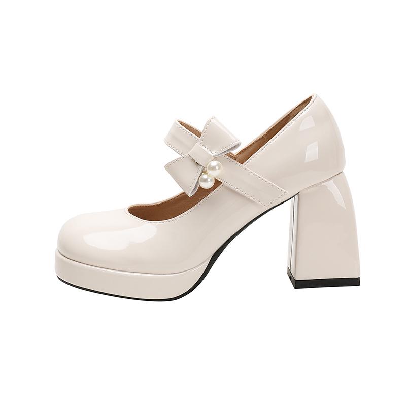 

2024 Осень/Зима Мэри Джейн на массивном каблуке Женские туфли на платформе с круглым носком и жемчугом 37 абрикосовый