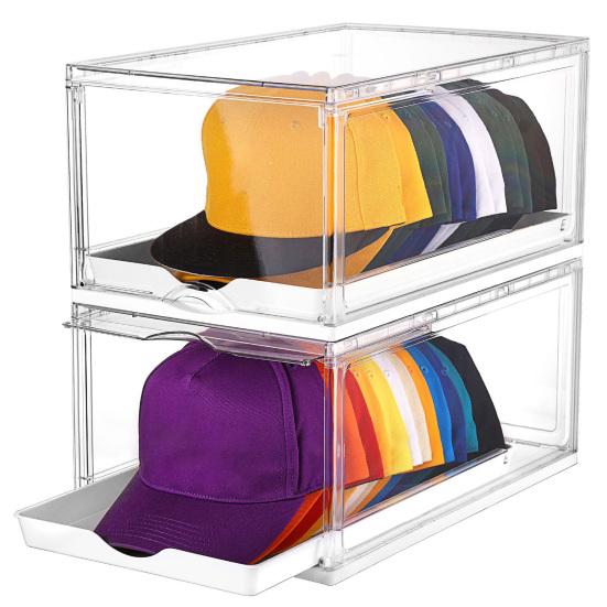 Cap Box Organizer Transparent Design Hat Holder with Sliding Tray Stackable Storage Case with Magnetic Door