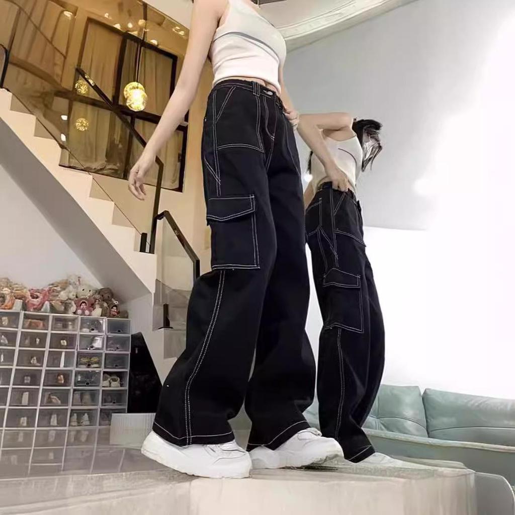 Women's 2024 Spring/Summer PUNK Exposed Seam Denim Jeans - Multi-Pocket Cargo Pants