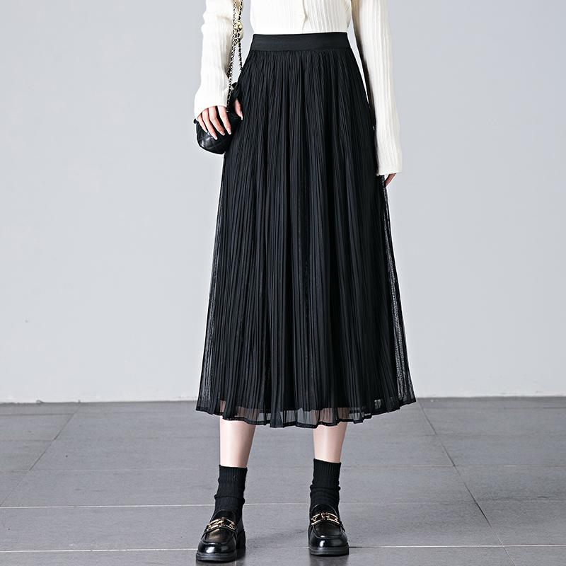 Brand Discount Women's High Waist Pleated Silk Midi Skirt with Puffy Mesh Overlay