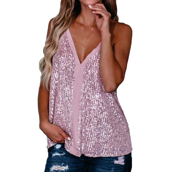 

Женская сексуальная V-образная горловина без рукавов с пайетками, регулируемые бретели, свободная блузка S розовый