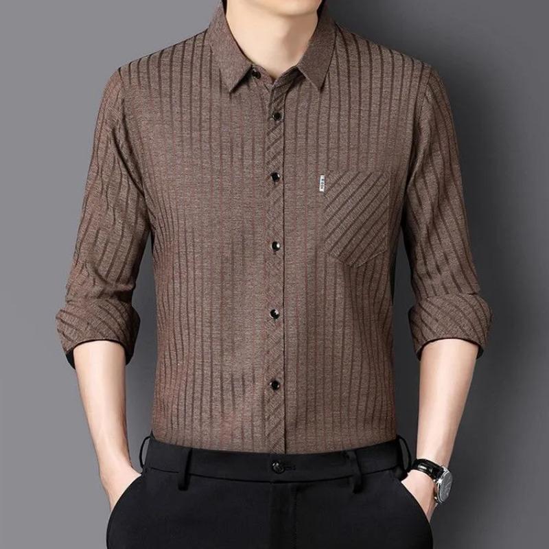 Men Lapel Vertical Striped Long Sleeve Button Down Shirt With Pocket