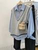Gray V-neck Korean Style Knit Vest: Women's Sleeveless Sweater for Spring, Autumn, and Winter Layering.