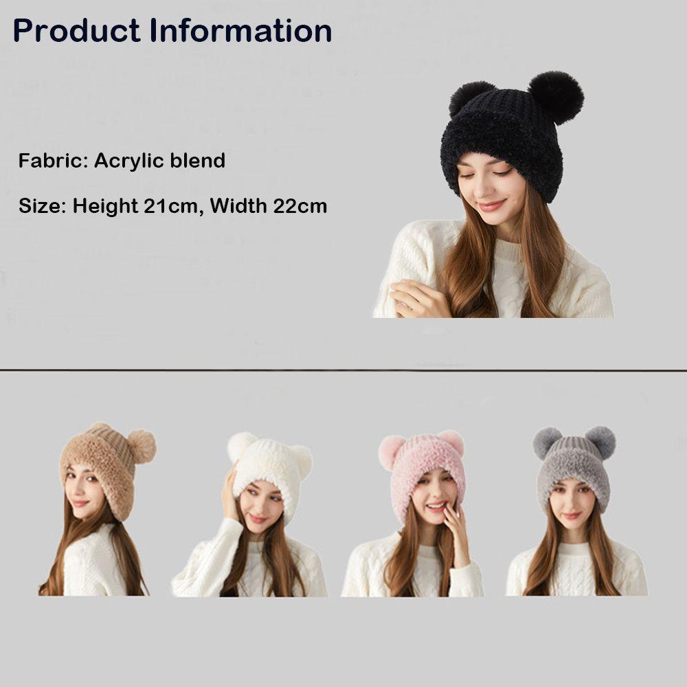 Bear Ear Design Beanie Hat Solid Color Ski Cap Cute Knitted Hat