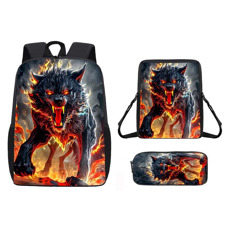 Pattern Animal Wolf Backpack Kids Shoulder Bag Pencil Case Student Use School