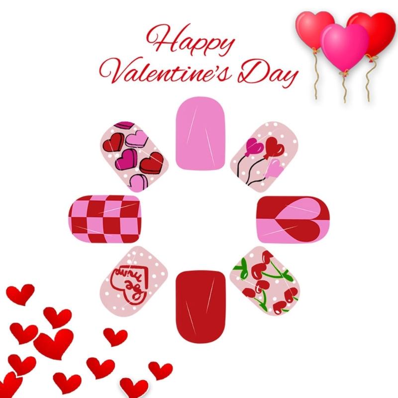 24 Pcs Short Square Press On Nail Valentines Day False Nail Glossy Artificial Nail Heart Full Cover Stick on Nail