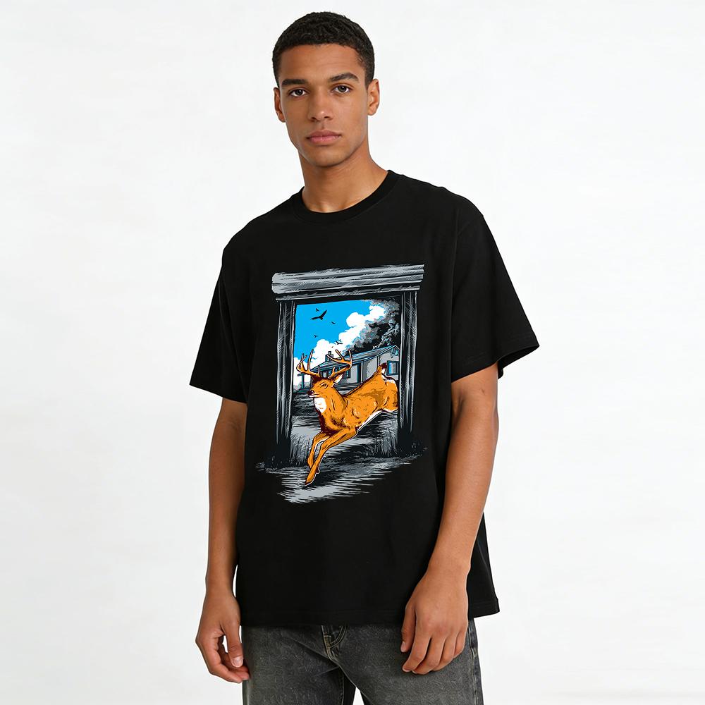 Vintage Deer Leaping Through Rural Door Graphic Casual Tee Pure cotton T-shirt