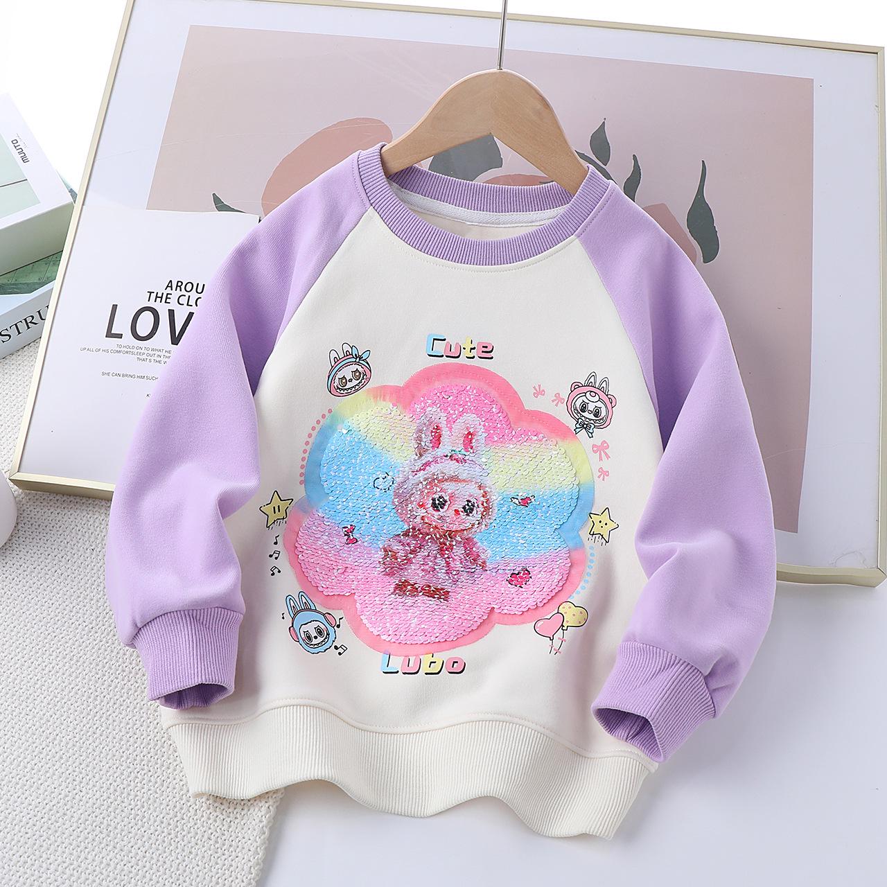 Girls Cartoon Sequin Sweatshirt - Autumn Long Sleeve Round Neck Top for Kids 120cm