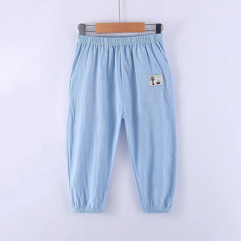 Children Trousers for Boys Girls Cotton Linen Elastic Waist Solid Color Summer Mosquito Pants Kids Clothing Long Pants