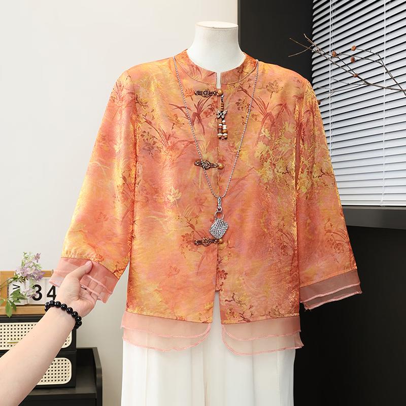 New Chinese Style Stand Collar Printed Summer Shirt for Middle-aged Women 4XL