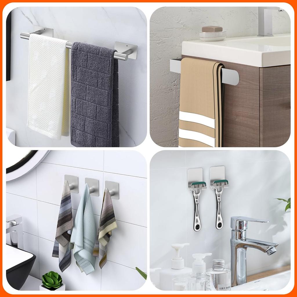 Towel Racks for Bathroom,QIYOOO 10pcs Upgraded Version Thickened SUS304 Stainless Steel Self Adhesive Towel Bar Set,Self-Adhesive/Drilled
