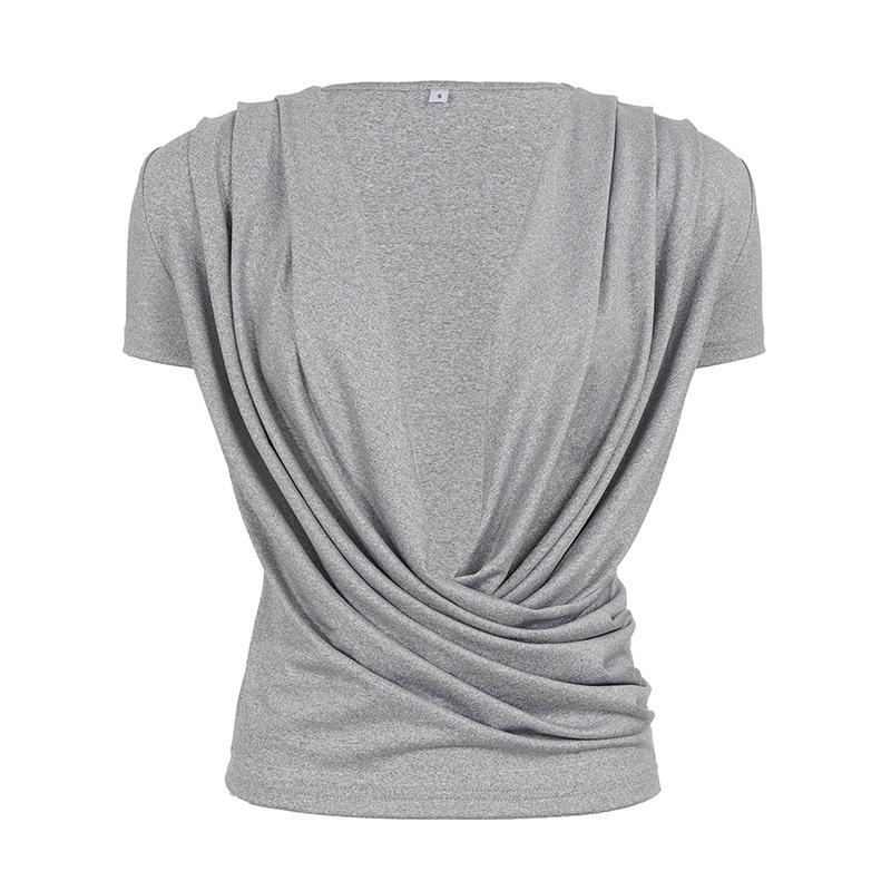 Sexy Deep V Neck Pleated Solid Short Sleeve T Shirt For Women