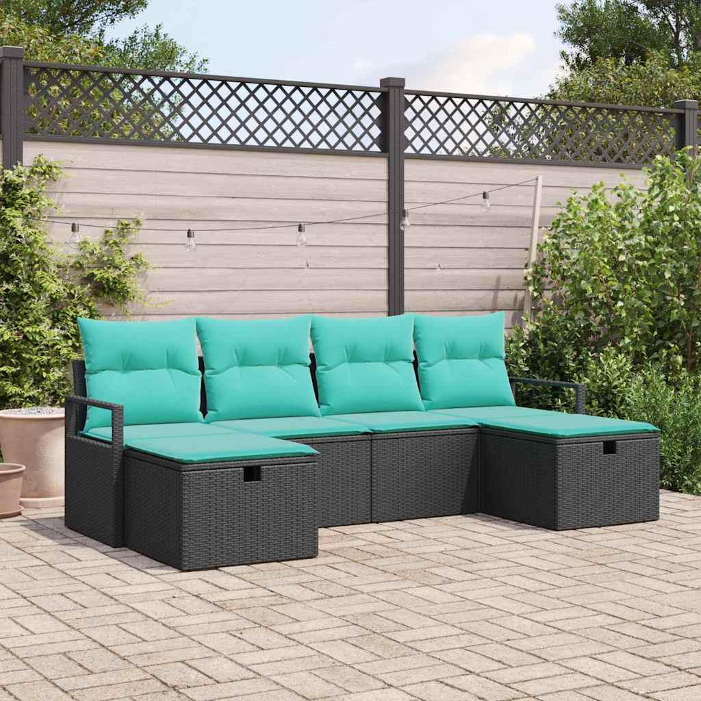6 Piece Sofa Set with Cushions in Black and Turquoise Poly Rattan