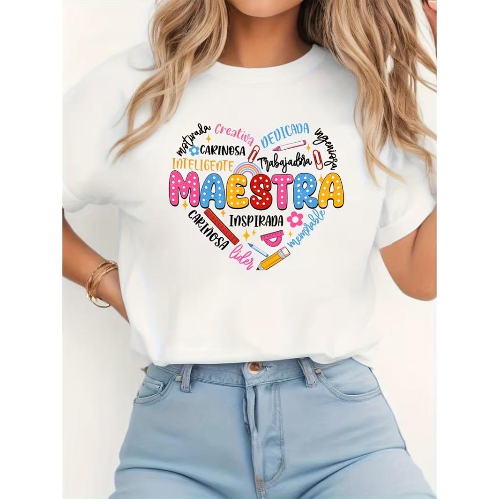 Letter Teacher Rainbow Graphic T-Shirt Women’s Crew Neck Short Sleeve Pencil Apple Print Soft Comfortable Top