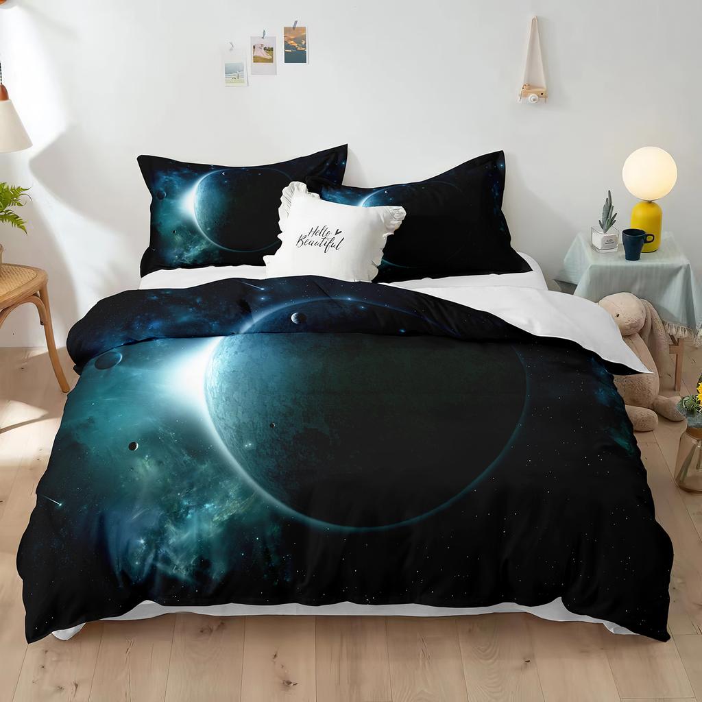 Set de husă de pilotă cu temă planeta uriașă 3D Mercury Galaxy Space Blue King Queen, dimensiune dublă, husă de cuvertură din poliester pentru copil, băiat, fată