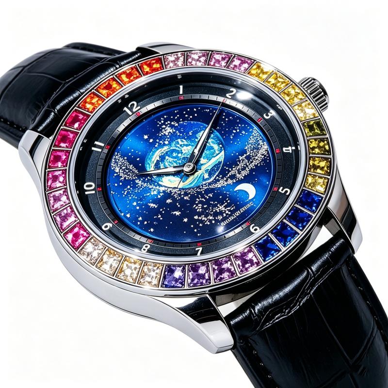 Rainbow Gemstone Bezel Automatic Mechanical Watch for Men Luxury Star Rotation Dial Watch Moon Men‘s Wristwatch