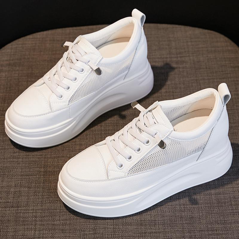 Women Casual Shoes Genuine Leather White Shoes Women Thick Sole Sneakers Mesh Women's White Sneakers Increased Platform Shoes