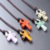 AnKa Necklace Natural Stone Crystal Agates Crux Ansata Cross Pendant For Women Birthday Gift Chain 32CM