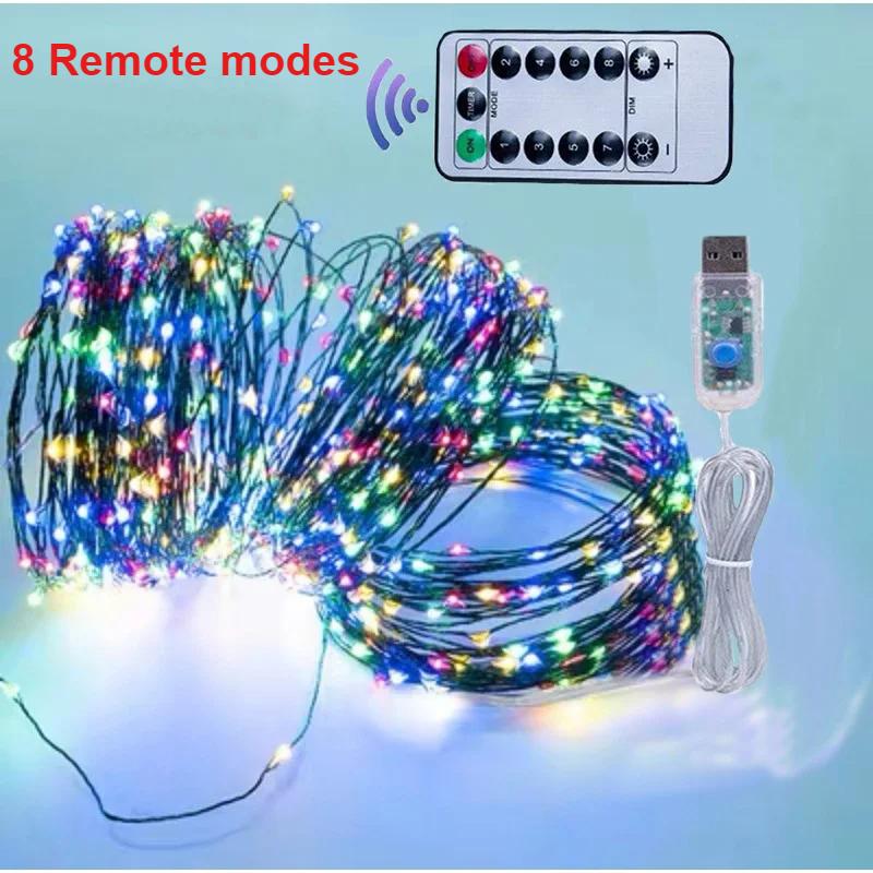 8 Modes Green Copper Wire Flower Wreath Light String 5/10/20M LED String Lights Christmas Wedding Party Decoration