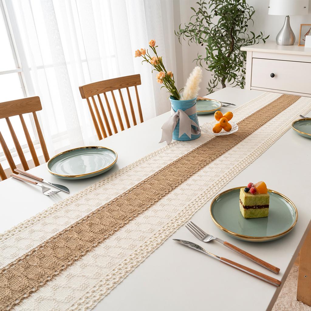 Bohemian Rustic Wedding Bridal Shower Dinner Cotton Linen Table Runner