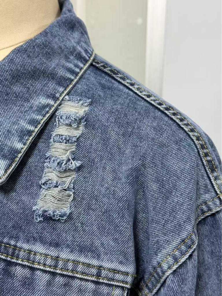 Women's Versatile Ripped Denim Jacket - European & American Style, Loose Fit